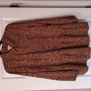 LOGO by Lori Goldstein brown,gold,blue,animal print button down peplum blouse.